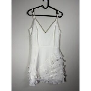 LUXXEL White Ruffle Pleated V Neck Mini Dress Spaghetti Strap Party
